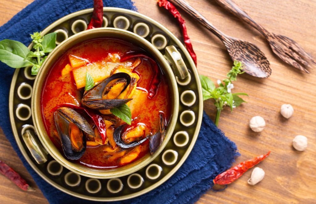 Red Curry Mussels with Basil