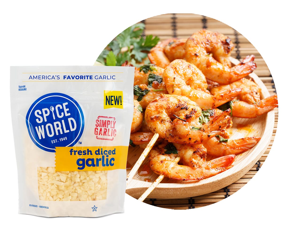 Packaged fresh diced garlic beside a plate of seasoned grilled shrimp