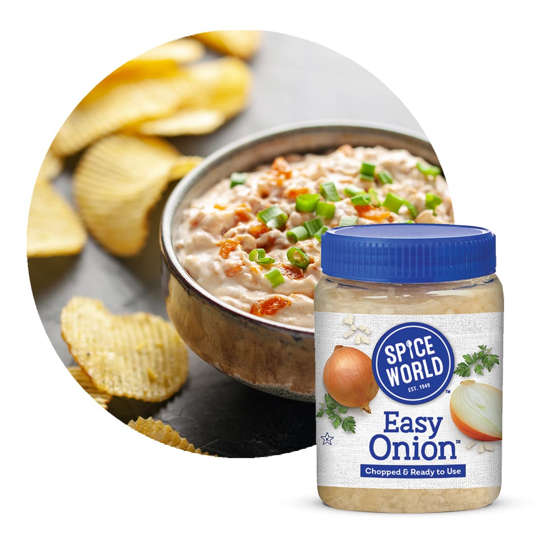 Jar of chopped onions next to a bowl of onion dip with chips, promoting convenient cooking