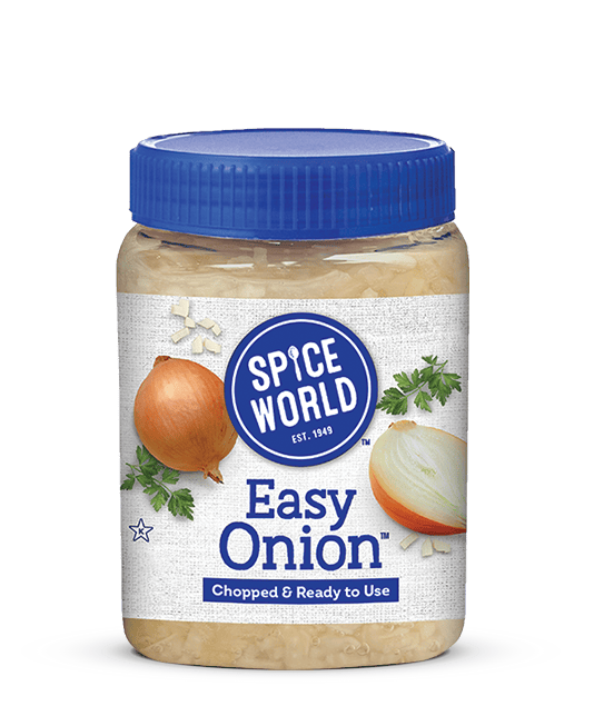 Jar of pre-chopped onions for convenient cooking, labeled "Easy Onion" from Spice World