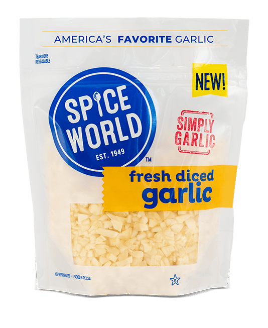 Package of fresh diced garlic in a resealable bag, new product from Spice World