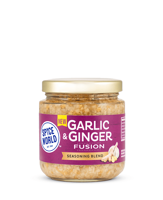 Jar of garlic and ginger fusion seasoning blend on a plain background