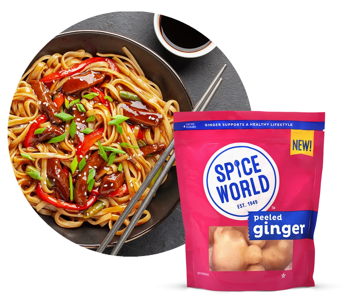 Stir-fry noodles with vegetables and peeled ginger product, highlighting a healthy meal option