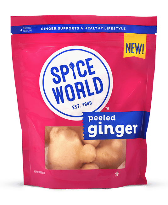 Package of peeled ginger by Spice World emphasizing health, displayed in a vibrant pink bag