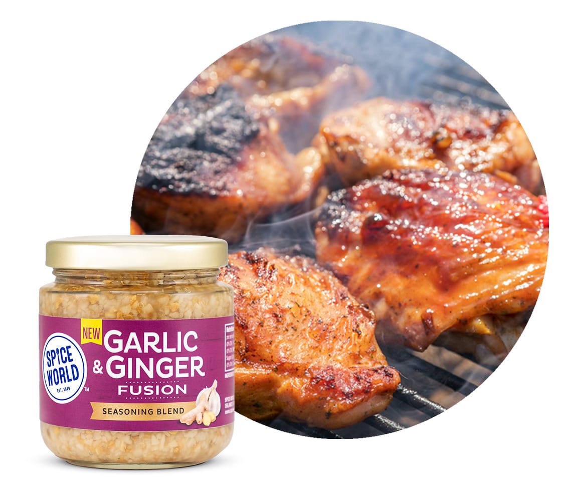 Grilled chicken seasoned with Spice World's new Garlic and Ginger Fusion blend