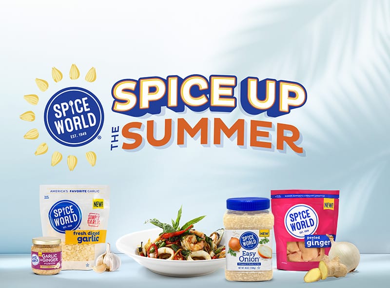 Advertisement for Spice World products featuring garlic and ginger, and a dish to inspire summer cooking