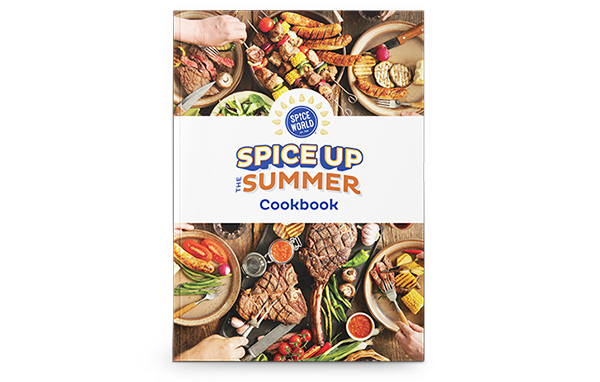 Advert for 'Spice Up Summer' cookbook featuring a variety of grilled dishes and seasonings