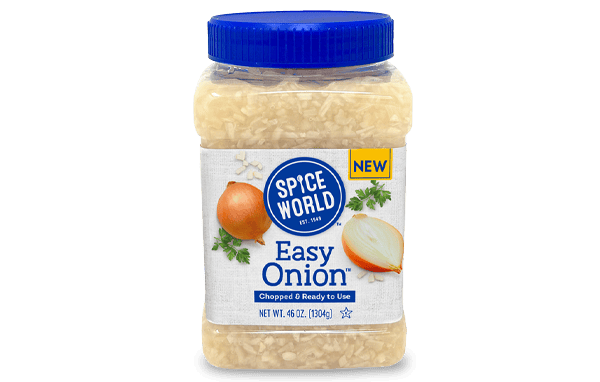 Jar of pre-chopped onions for cooking convenience