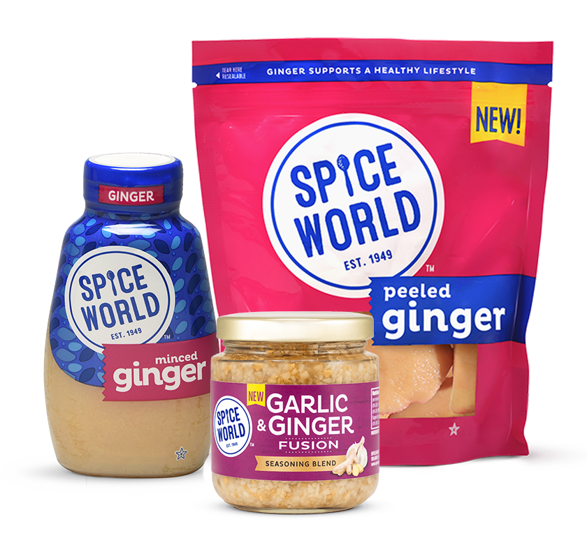 Various Spice World ginger products including minced and peeled ginger, and a garlic and ginger fusion seasoning