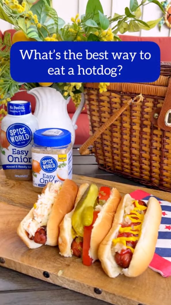Variety of hotdogs with different toppings displayed on a wooden board, asking about the best way to eat a hotdog