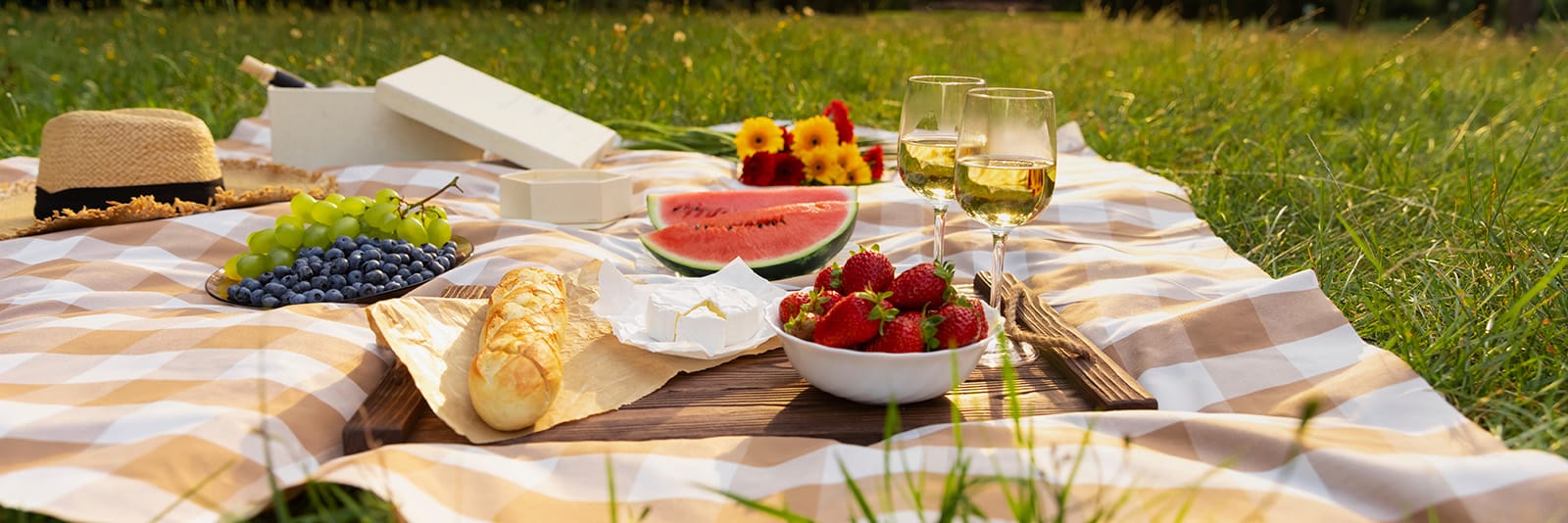 Summer picnic spread with fresh fruit salad, watermelon, berries on a checkered blanket.