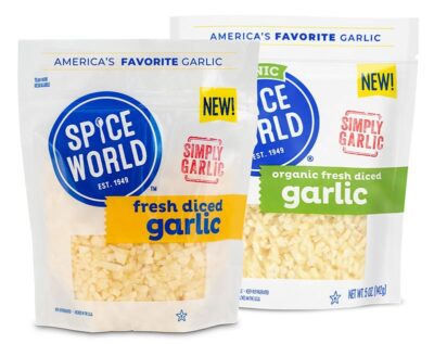 Two packages of Spice World diced garlic, one organic and one regular, enhancing cooking flavors