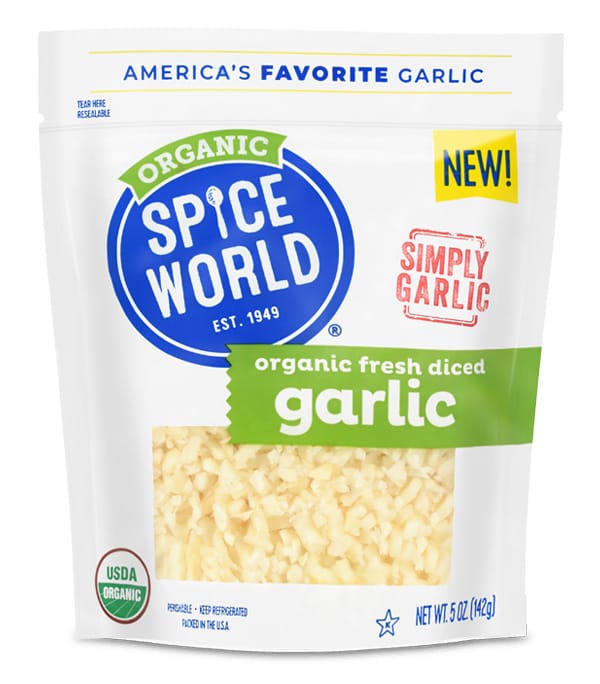 Packaging of organic fresh diced garlic from Spice World, labeled as new and resealable