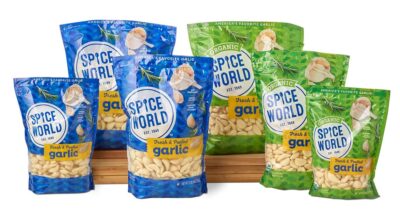 Various packages of fresh and peeled garlic from Spice World, displayed for culinary use