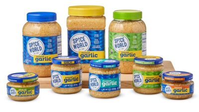 Alt text: Variety of garlic condiments from Spice World, including minced and roasted garlic in jars