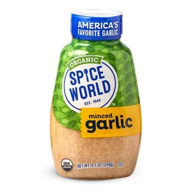 Jar of organic minced garlic for enhancing flavor in culinary dishes