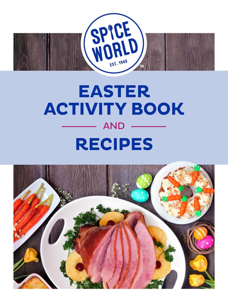 Easter-themed recipe book cover featuring a ham dish and side dishes