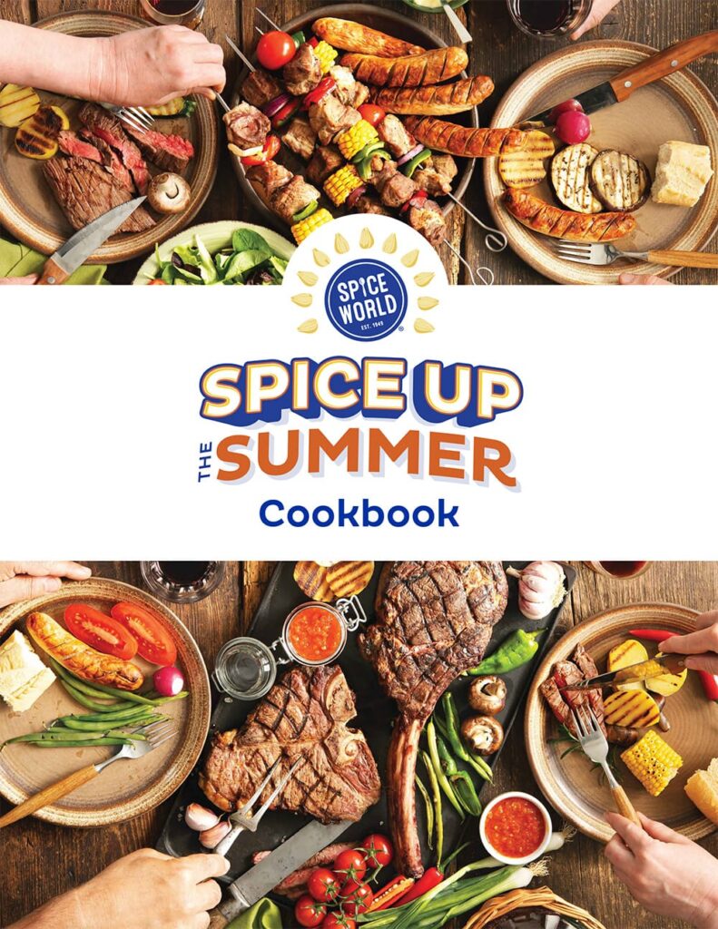 Promotional image of a summer cookbook with a variety of grilled dishes and fresh vegetables on a table