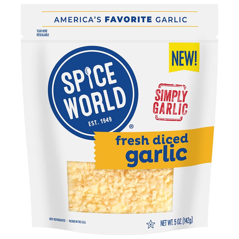 Container of Spice World fresh diced garlic, highlighting convenience in cooking