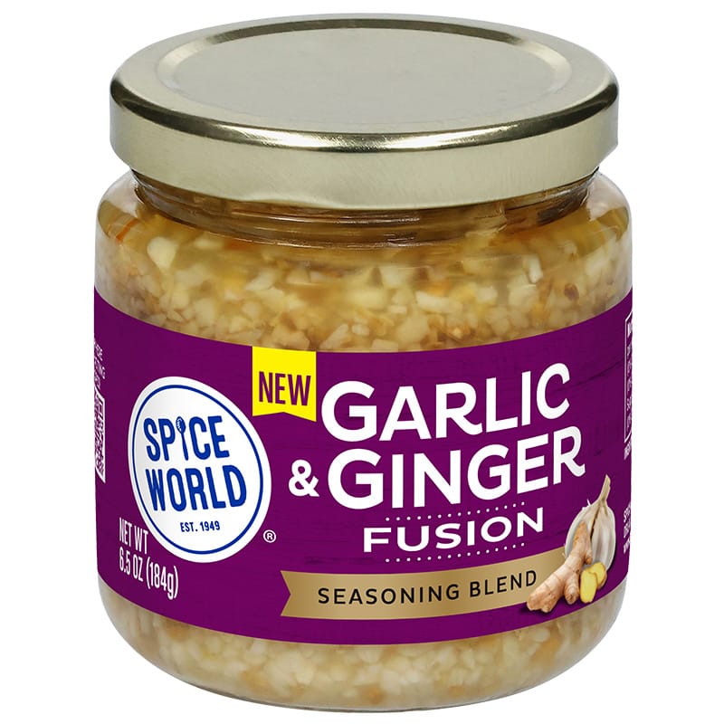 Jar of Spice World Garlic & Ginger Fusion seasoning blend for enhancing food flavors