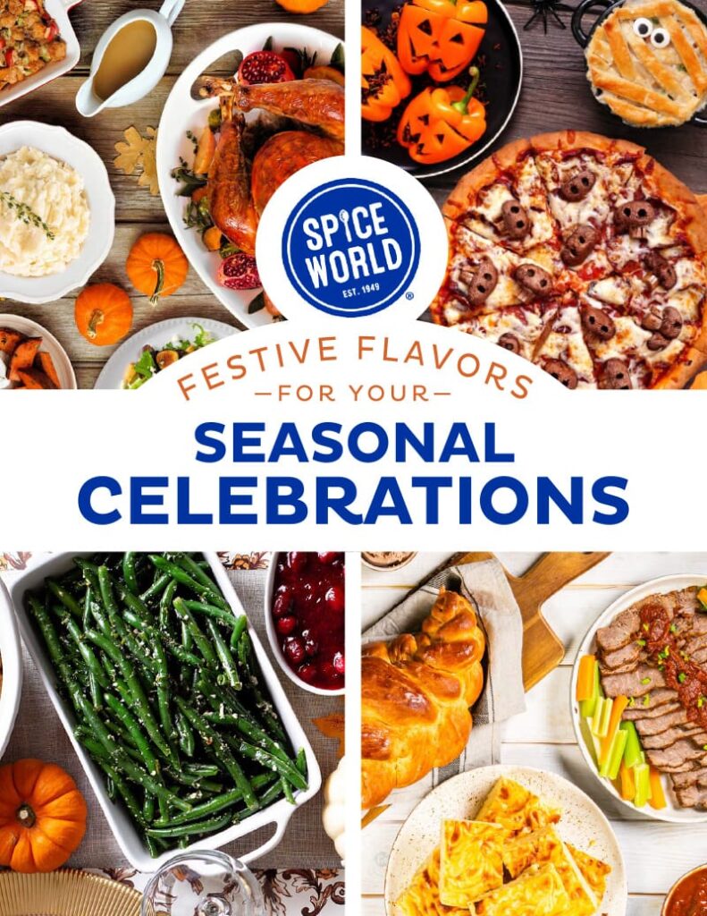 Promotional image featuring a variety of festive foods for seasonal celebrations, like turkey and pizza