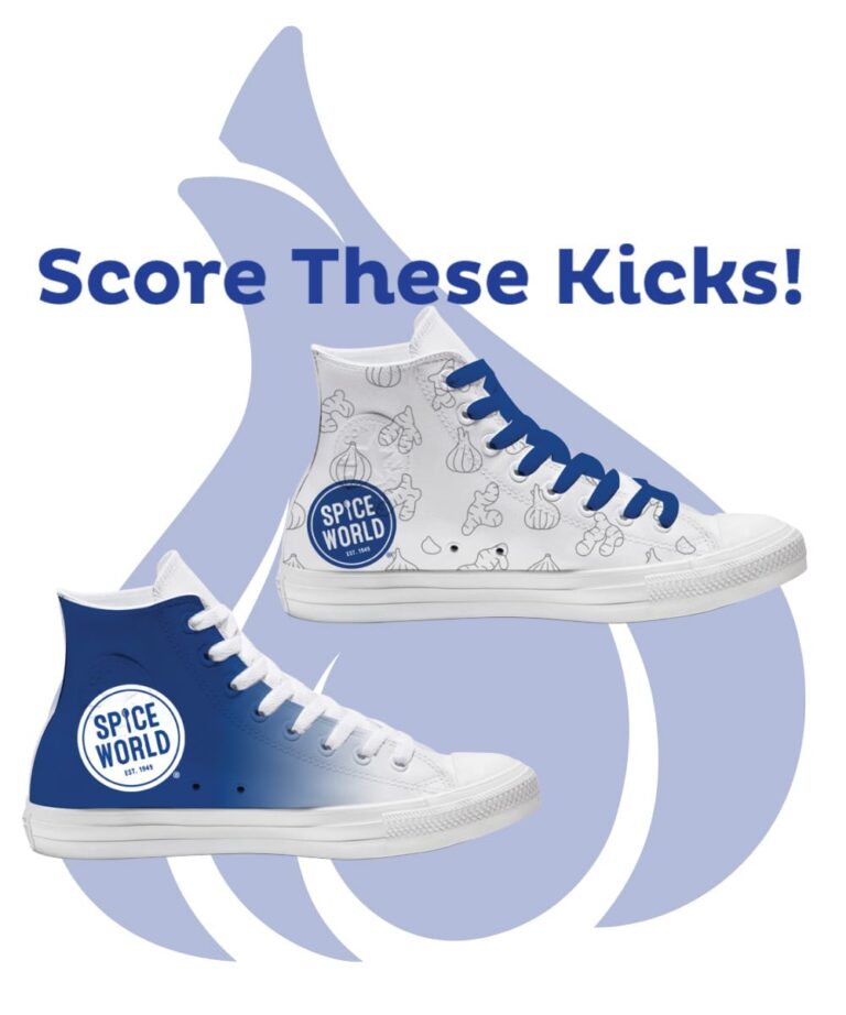 Promotional image of themed sneakers with food-related designs for a Spice World campaign