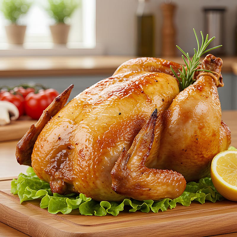 Roasted chicken on a bed of lettuce, garnished with lemon and rosemary, ready to serve