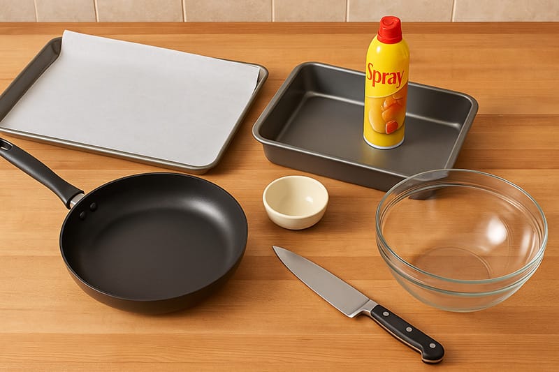 Cooking utensils arranged on a wooden countertop, ready for food preparation