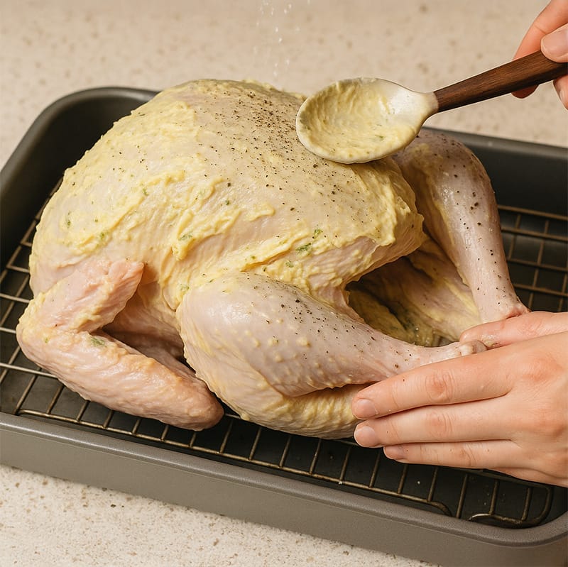 Hand applying seasoning to a whole chicken in preparation for roasting, highlighting a cooking process