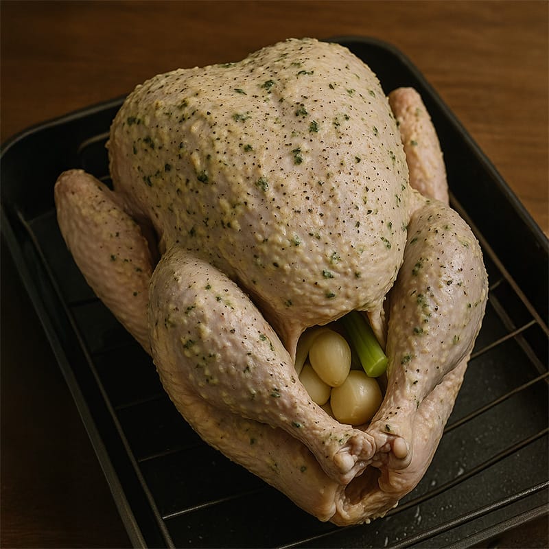 Raw seasoned chicken ready for roasting, garnished with herbs and filled with vegetables. Perfect for a delicious meal