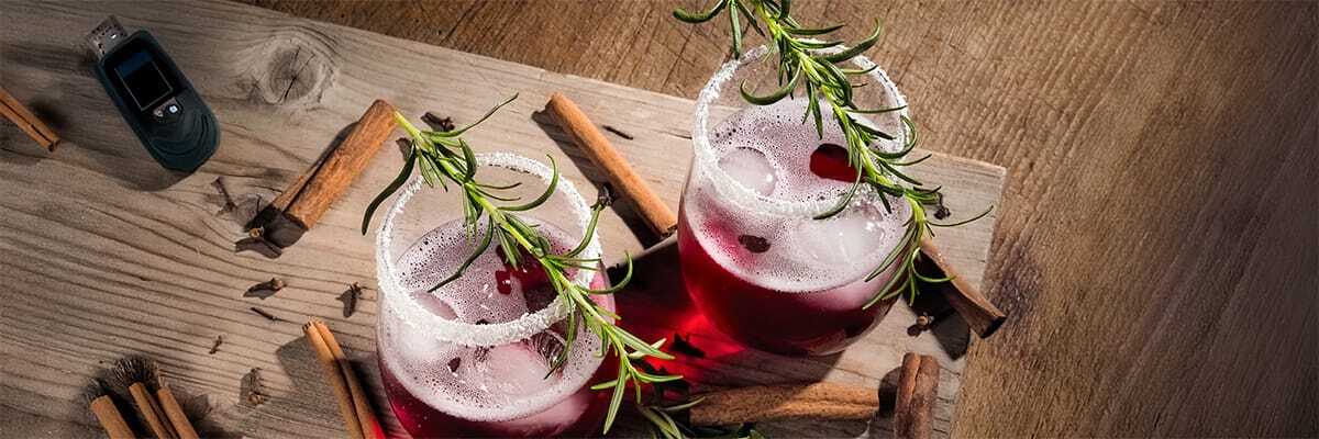 Two refreshing cocktails garnished with rosemary and cinnamon, showcasing a vibrant and delicious drink experience