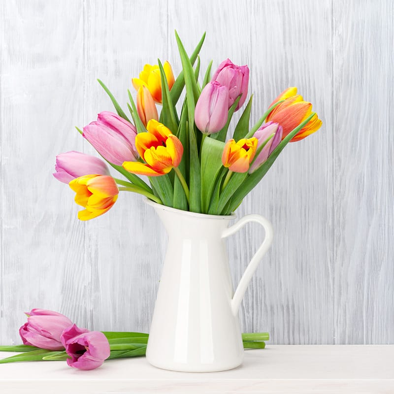 Vibrant tulips in a white pitcher, adding a fresh touch to a delicious food setting
