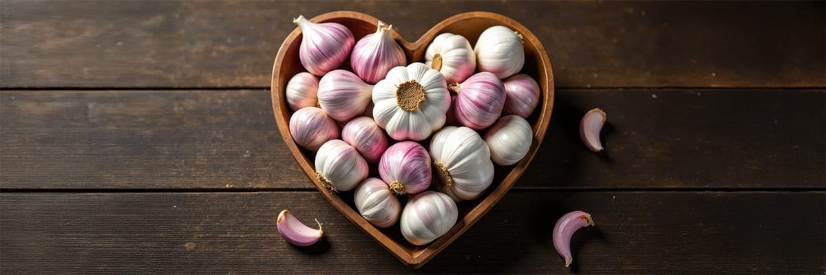 A heart-shaped bowl filled with fresh garlic, showcasing its culinary importance and flavor potential