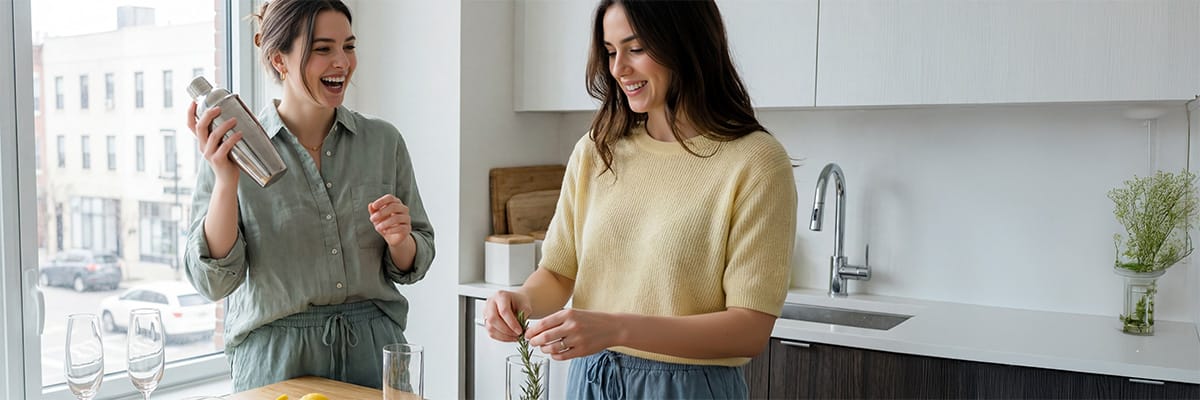 Two women joyfully preparing drinks in a modern kitchen, sharing a fun moment over delicious food
