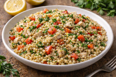 Bowl of flavorful couscous with chicken, tomatoes, and herbs, garnished with lemon slices. Perfect for a fresh meal