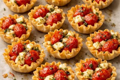 Baked pastry cups filled with roasted tomatoes and cheese, suitable for appetizers or party snacks