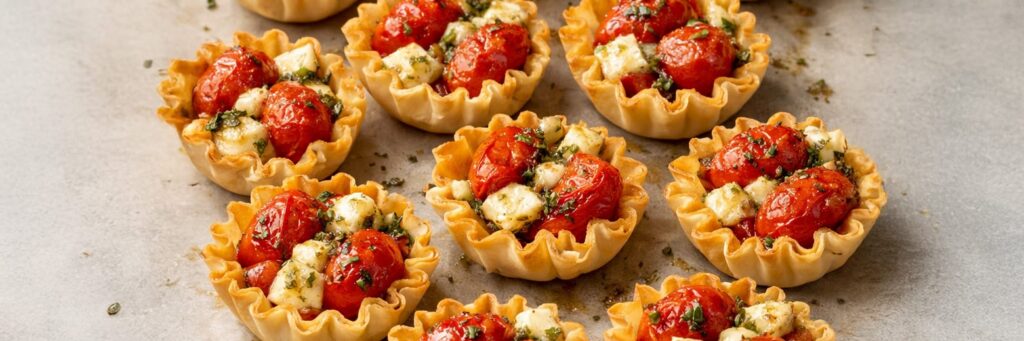Baked pastry cups filled with roasted tomatoes and cheese, perfect for appetizers or party snacks