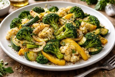 Freshly saut&eacute;ed vegetables, including broccoli, cauliflower, and zucchini, garnished with herbs and spices