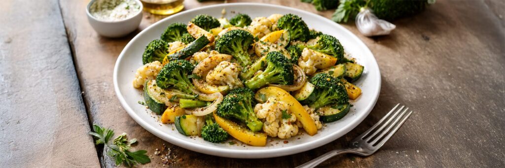 A vibrant vegetable dish featuring broccoli, zucchini, and cauliflower, perfect for a healthy meal