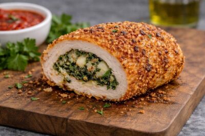 Baked chicken roll stuffed with spinach and cheese, served with marinara sauce on a wooden cutting board