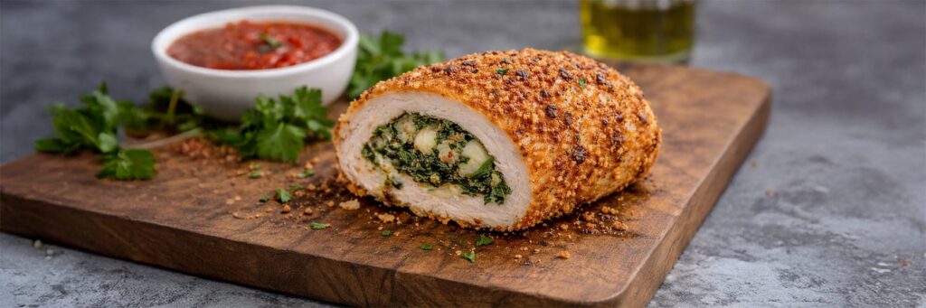 Breaded chicken roll filled with spinach and cheese, served with dipping sauce on a wooden board
