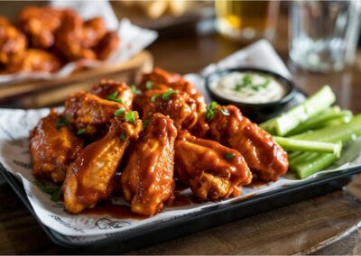 Platter of saucy chicken wings served with celery and dipping sauce, perfect for sharing at a gathering
