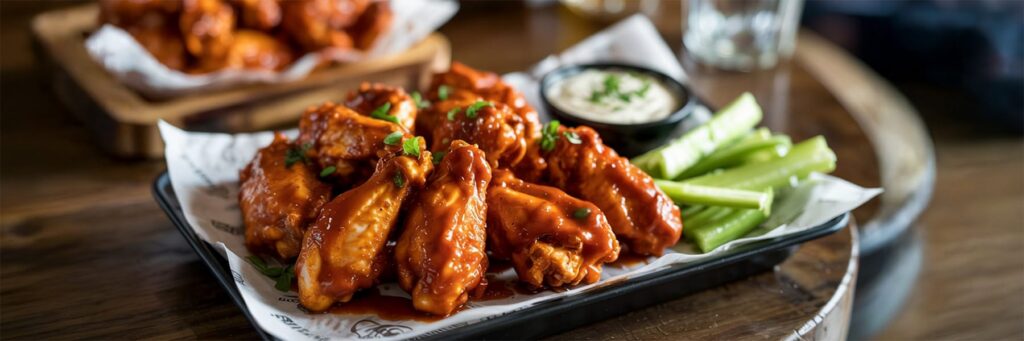 Plate of spicy chicken wings with celery and dipping sauce, perfect for sharing at gatherings or game day