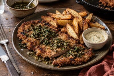 Steak Milanesa With Chimichurri Served With Steak Fries and Garlic Aioli